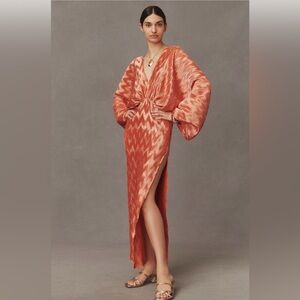 L'IDEE Riviera Deep-V Balloon-Sleeve Satin Gown